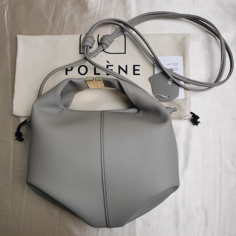 Polène Numéro 8 Grey Grained Leather Crossbody Bucket Bag